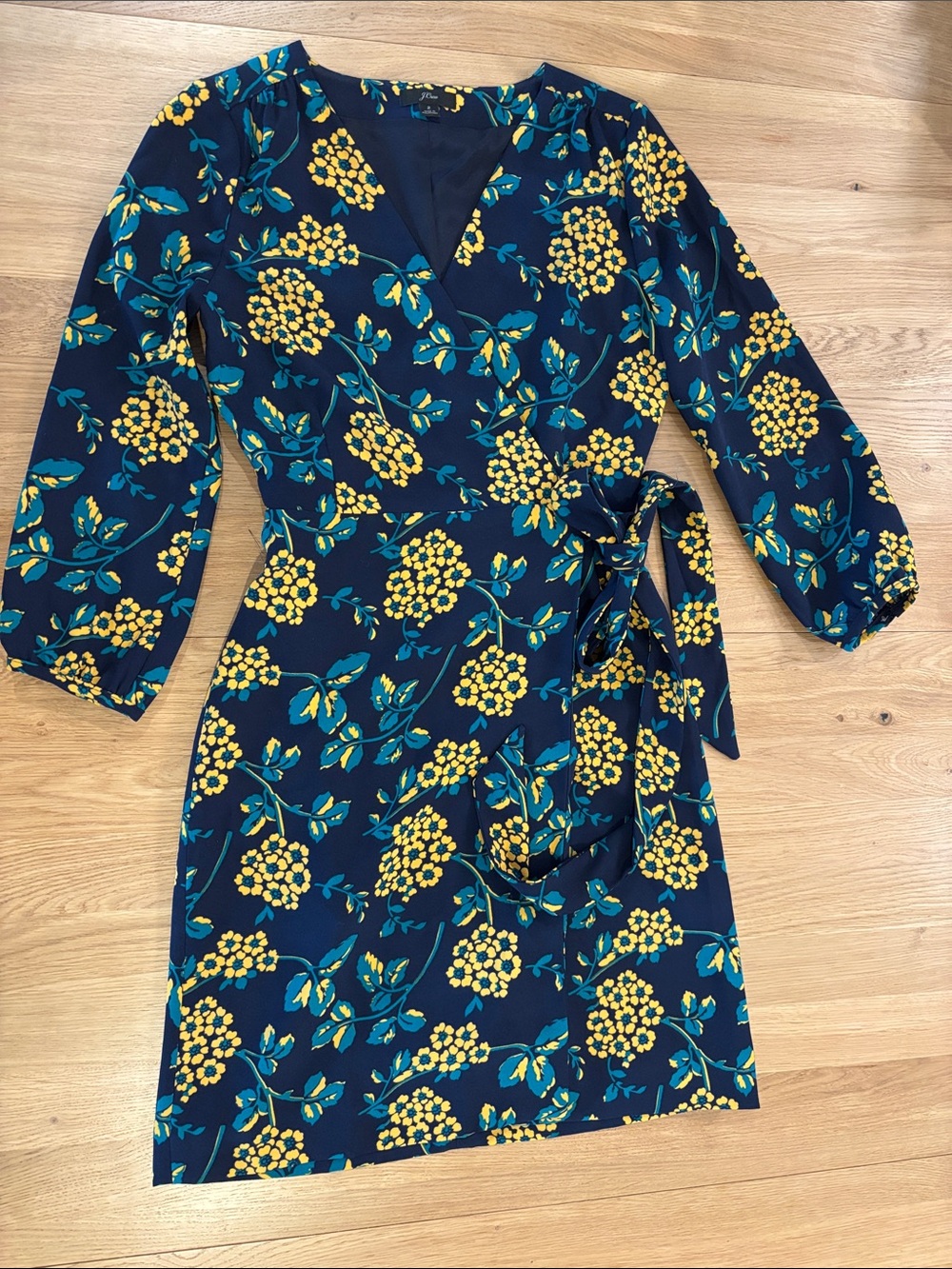 J. Crew Navy Wrap Dress with Yellow Floral Print